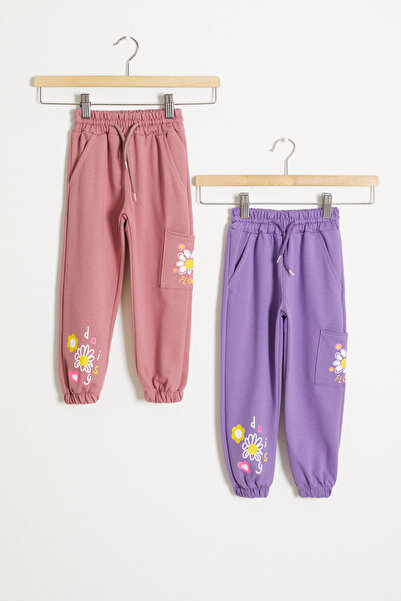 Cansın Mini بنطال رياضي بناتي بطبعة زهور مكون من قطعتين أرجواني-وردي مجفف 18391