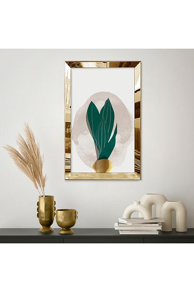Zevahir Mobilya Dekorasyon Pictură MDF unică cu plantă abstractă minimă în stil acuarelă cu cadru din plexiglas cu oglindă aurie