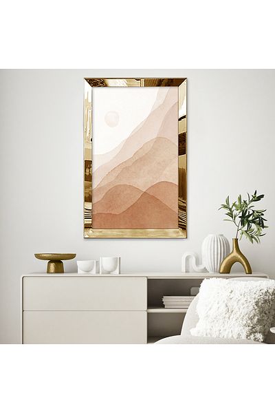 Zevahir Mobilya Dekorasyon Masă unică din MDF cu design abstract de culoare bej cu cadru din plexiglas oglindă aurie