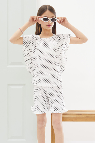 Cansın Mini White Polka Dot Ruffled Blouse Girls' Shorts Set 18555