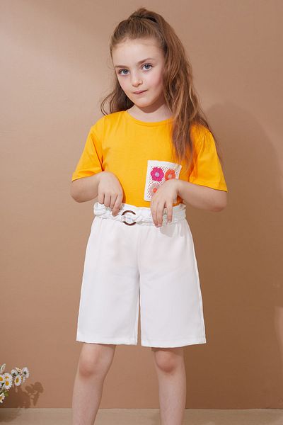 Cansın Mini Girl's Shorts Set - Orange Flower Pocket and Belt Detail 18737