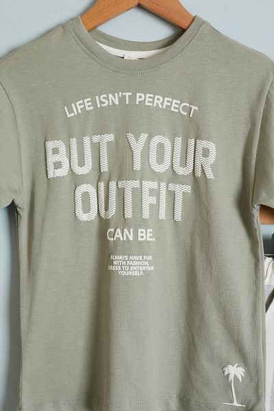 Cansın Mini Khaki Outfit Printed T-Shirt Boy's Shorts Suit 18460