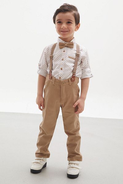 Cansın Mini Beige Patterned Boy's Bow Tie Suit with Shirt and Suspender Pants 18138