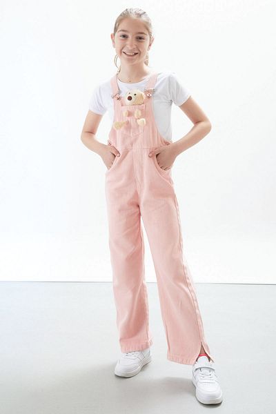 Cansın Mini Salmon Teddy Bear Girl's Jumpsuit with Pockets and Slits 17717