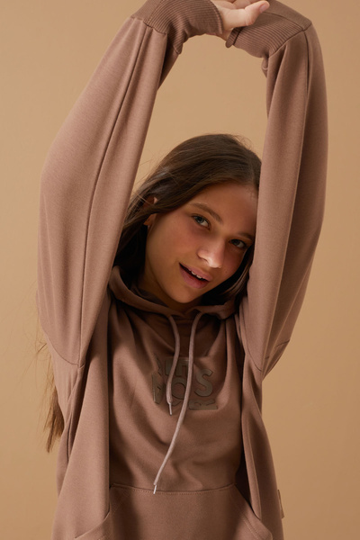 Cansın Mini Kahverengi Yazı Kabartma Baskılı Kapüşonlu Kız Çocuk Sweatshirt 19310
