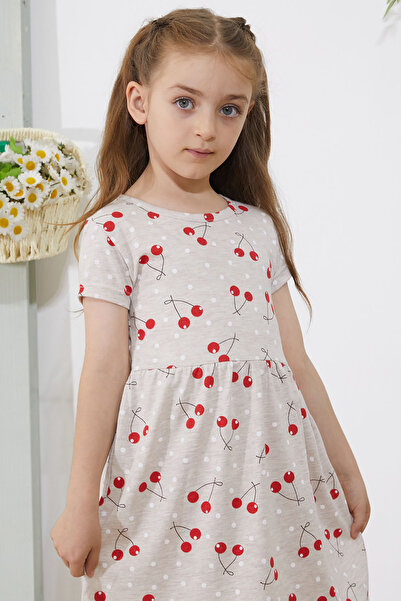 Cansın Mini Καλοκαιρινό φόρεμα για κορίτσια Cream Cherry Printed - Κοντό μανίκι 18786