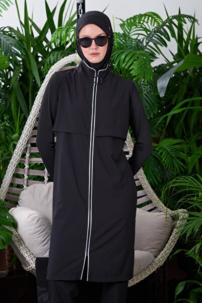 Moodbasic Gümüş Şeritli Tesettür Mayo - Siyah