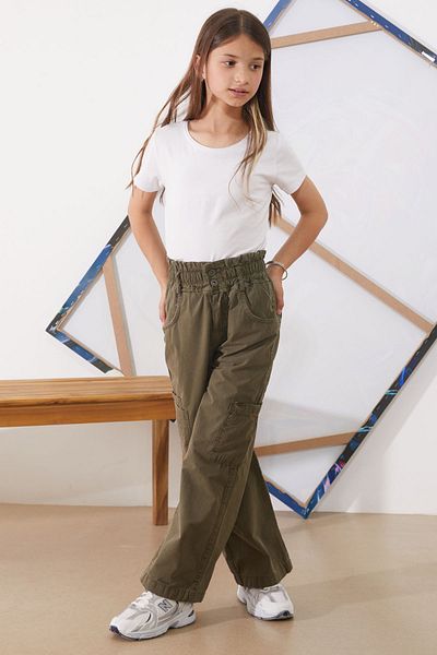 Cansın Mini Khaki Girl's Parachute Pants with High Waist and Double Pockets - 18930