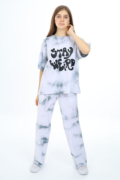 Cansın Mini Gray Tie-Dye Patterned Short Sleeve Girl's Suit 17946