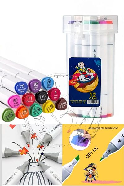 Livonelli Transparent Double Sided Marker Pen 12 Pieces Set Boxed, Felt Tip Pen