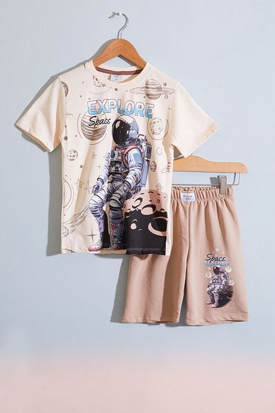 Cansın Mini Boy's Space Themed Brown Shorts Set - Astronaut 18891