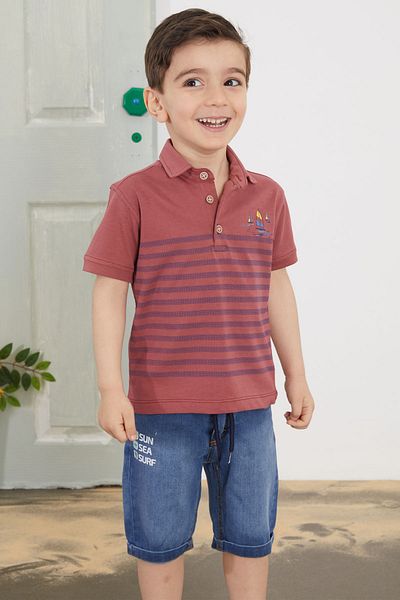Cansın Mini Tricou cu guler polo cu dungi bordeaux Pantaloni scurți din Jean Set băieți 18749