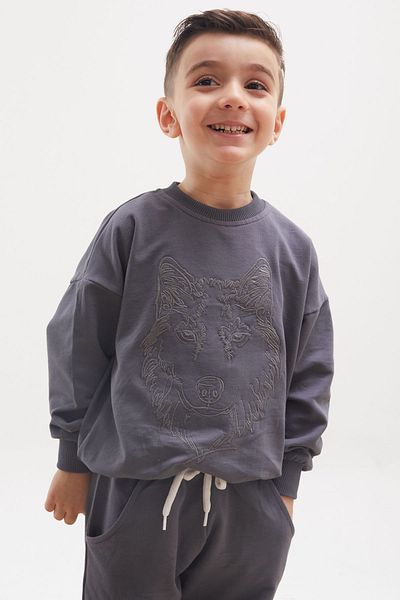 Cansın Mini Anthracite Wolf Silhouette Κεντητό Σετ φόρμας για αγόρι 17965