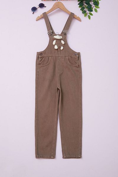 Cansın Mini Girl's Brown Salopet Jumpsuit with Teddy Bear and Chest Pocket 18753