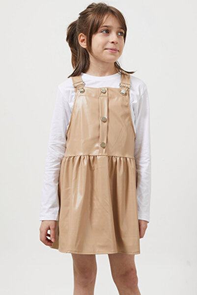 Cansın Mini Cream Strap Girl's Faux Leather Salopet 17639