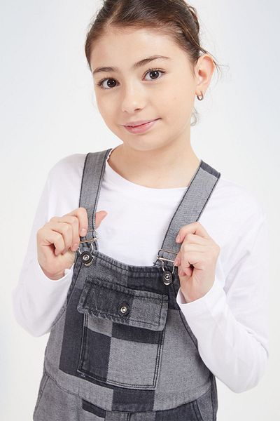 Cansın Mini Gray Square Patterned Girl's Jean Salopet Jumpsuit 17611