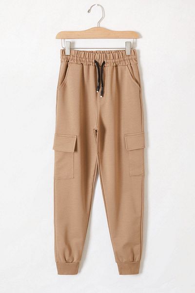 Cansın Mini Boy's Cargo Pocket School Sweatpants - Cream, Elastic Waist, 19127