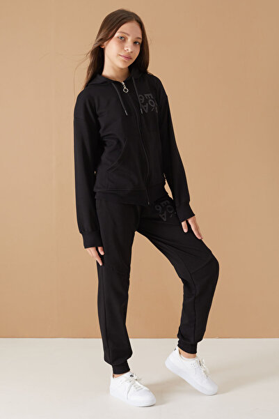 Cansın Mini Σετ αθλητικής φόρμας για κορίτσια - Μαύρη στάμπα με κουκούλα και ζακέτα 19223