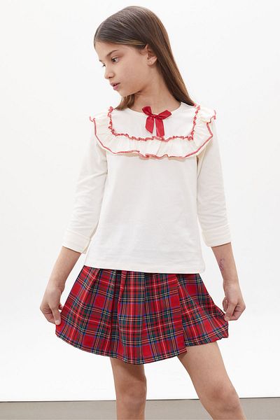 Cansın Mini Red Plaid Patterned Girl's Suit with Shorts, Skirt and Bow Blouse 18268