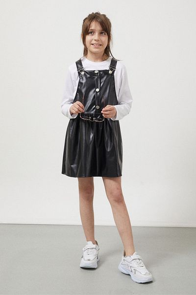 Cansın Mini Black Strap Girl's Faux Leather Salopet 17637