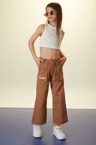 Cansın Mini Brown Beautiful Written Wide Leg Girl's Linen Trousers 18444