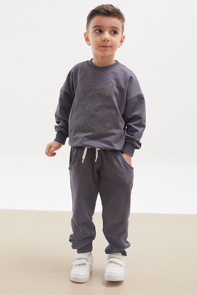 Cansın Mini Anthracite Wolf Silhouette Κεντητό Σετ φόρμας για αγόρι 17965