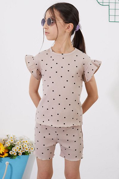Cansın Mini Set de bluze și pantaloni scurți bej cu buline pentru fată - 18686