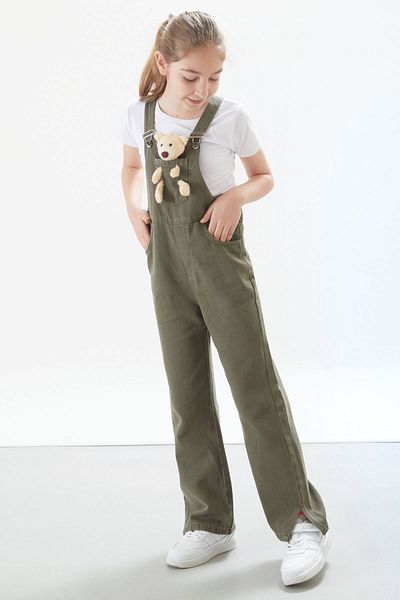 Cansın Mini Khaki Teddy Bear Pocket Slit Girl's Jumpsuit 17714