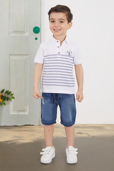 Cansın Mini White Striped Polo Collar T-Shirt with Jean Shorts Boy's Set 18748