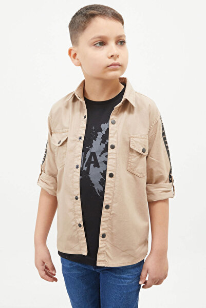 Cansın Mini تي شيرت بنمط جينز مخطط بأكمام بيج للأولاد مكون من قطعتين 17647