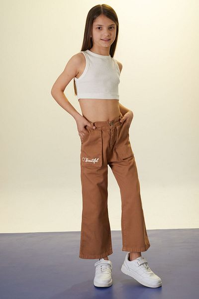 Cansın Mini Brown Beautiful Written Wide Leg Girl's Linen Trousers 18444
