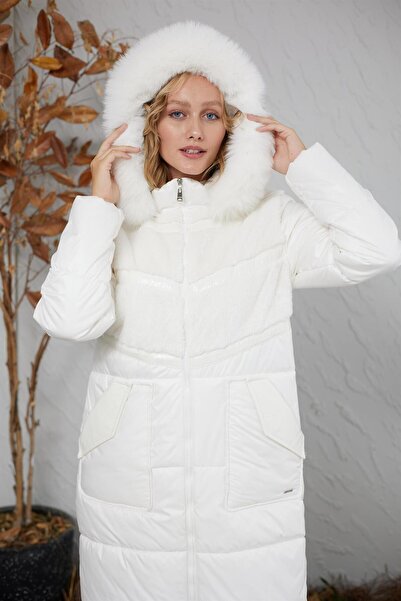 Moodbasic Rugan Şeritli Kürklü Kaban - Ekru