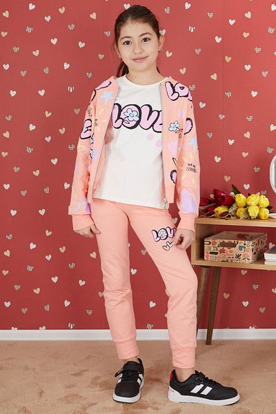 Cansın Mini Salmon Love Printed Cardigan Girl's 3 Piece Set 17417