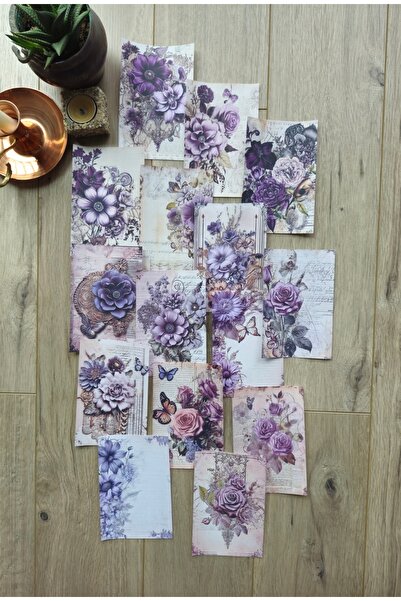 Mona Craftist 15 Adet Vintage Eskitme Mor Gül Çiçek Temalı Scrapbook Kağıt Se...
