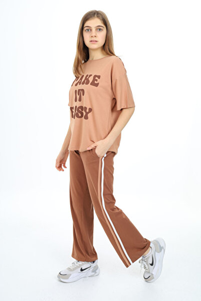 Cansın Mini Brown Text Printed Short Sleeve Girl's Suit 17952