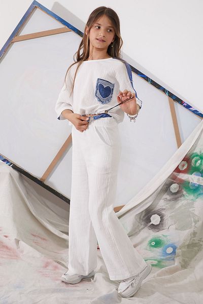 Cansın Mini Oversize Girl's Set - White Heart Embroidered, Pocket, Cropped - 18943