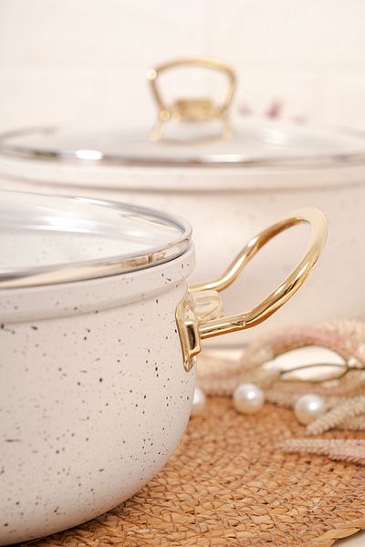 çarşıdayız 9 Piece White Granite Pot Set - Includes Metal Handle and Fountain Pot