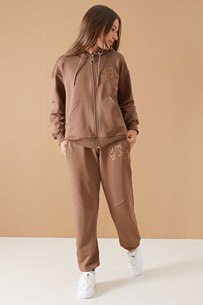 Cansın Mini Σετ αθλητικής φόρμας για κορίτσια - με κουκούλα, ζακέτα και στάμπα, καφέ 19224