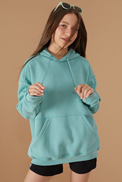 Cansın Mini Kız Çocuk Mint Şardonlu Kapüşonlu Sweatshirt 19188