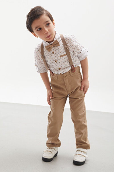 Cansın Mini Beige Patterned Boy's Bow Tie Suit with Shirt and Suspender Pants 18138