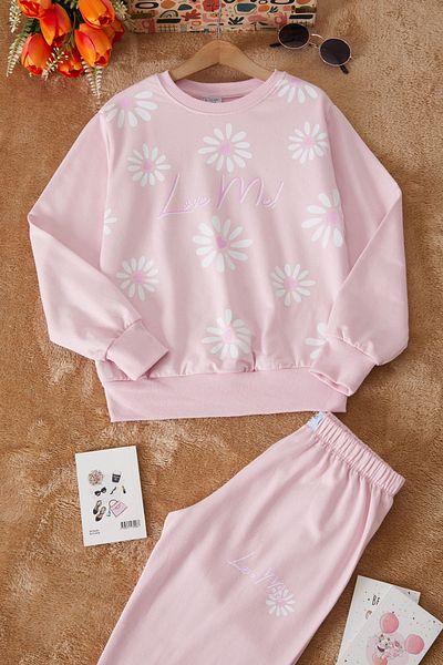 Cansın Mini Powder Pink Floral Printed Raised Girl's Tracksuit 17426