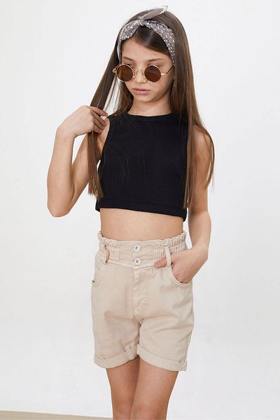 Cansın Mini Pantaloni scurți de jeans pentru fete, cu talie înaltă, cu dublu nasturi, bej 18482