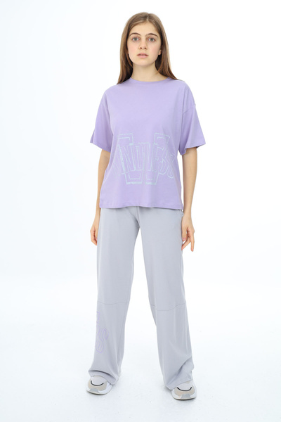 Cansın Mini Lilac Text Printed Girl's Suit 17903