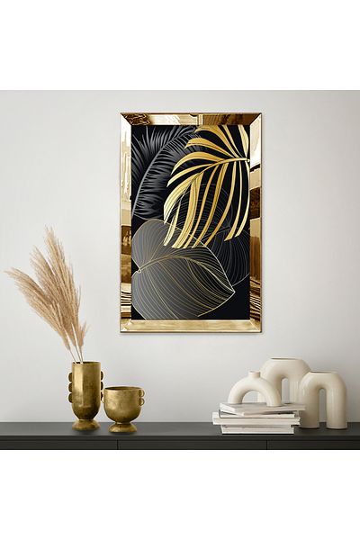 Zevahir Mobilya Dekorasyon Masa MDF simpla cu frunze de palmier neagra si aurie cu rama din plexiglas oglinda aurie
