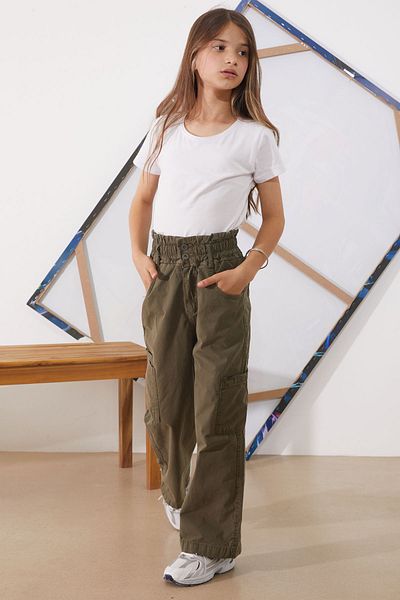 Cansın Mini Khaki Girl's Parachute Pants with High Waist and Double Pockets - 18930