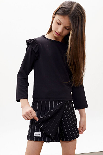 Cansın Mini Black Striped Girls' Suit with Shorts, Skirts, Flounces and Badi 18271