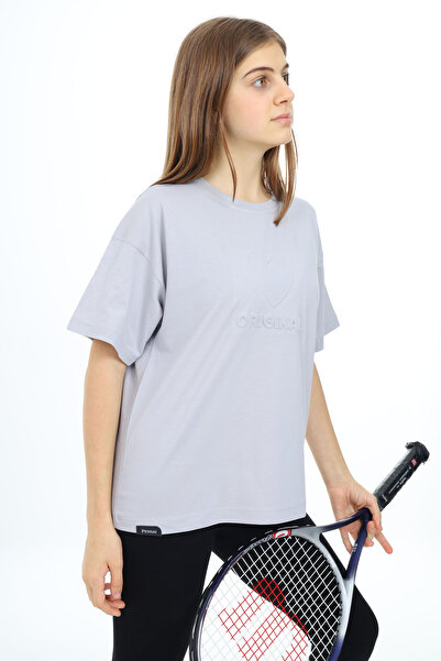 Cansın Mini Γκρι Heart ανάγλυφο T-shirt για κορίτσια με λαιμόκοψη 17793