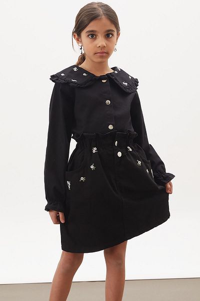 Cansın Mini Girl's Suit with Black Jean Shirt and Floral Embroidery Denim Skirt 17958