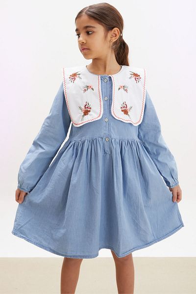 Cansın Mini Rochie pentru fetiță cu guler pentru bebeluși cu broderie florală albastră 17940