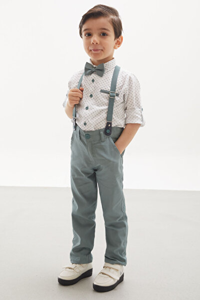 Cansın Mini Green Patterned Shirt and Suspender Trousers Boy's Bow Tie Suit 18137